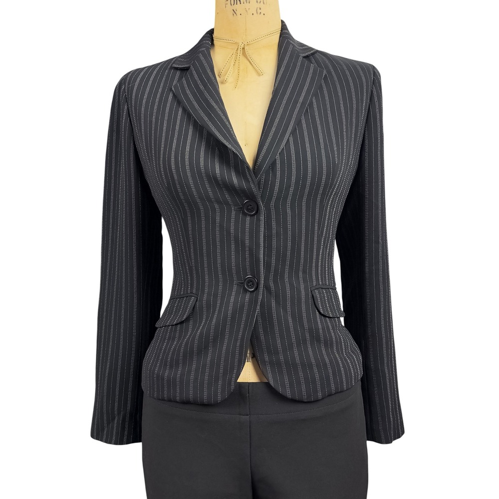 90s Black Pinstripe Blazer Two Button Notched Professional Corpcore Structured 2